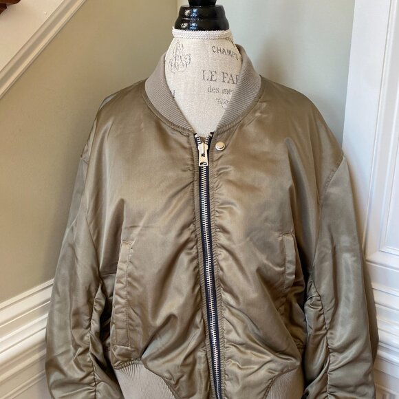 AGOLDE Shoreditch Ski Club Jett Bomber Jacket Coat Womens XL Army Green Satin - Picture 5 of 13